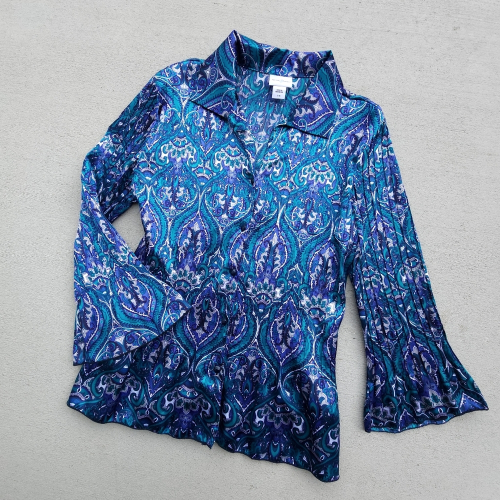 Jaclyn&Smith Womens Blue Blouse Paisley Collared Button Down Long Sleeve Size L